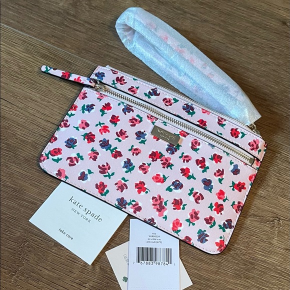 KATE SPADE-NWT Pink Leather Floral Wristlet - Picture 4 of 13